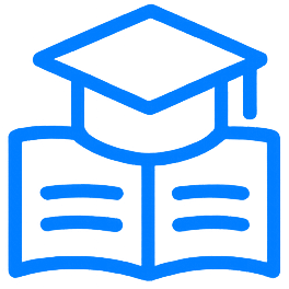 Education website design icon with open book and graduation cap in blue line style