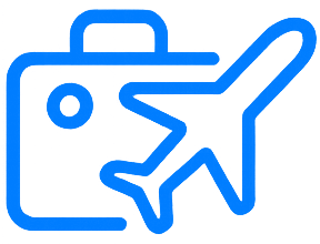 Travel and tourism website development icon with suitcase and airplane in blue line