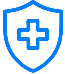 Healthcare website design icon with shield and medical cross in blue line style