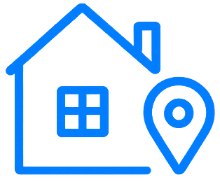 Real estate website development icon with house and location pin in blue line style